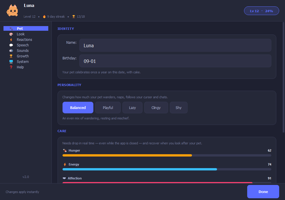 The care page showing hunger, energy and affection meters
