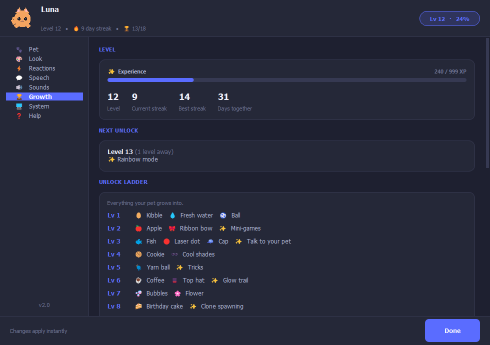 The growth page showing level, XP, streak and the unlock ladder